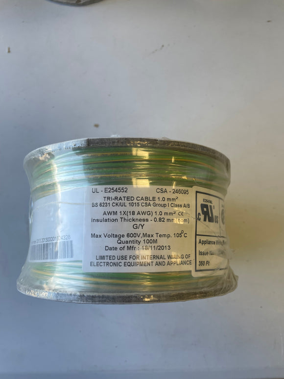Tri-rated Earth Green/Yellow Cable 1mm (100m roll)