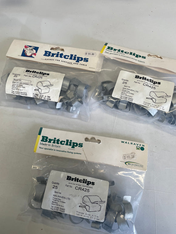 Britclips CR425 Cable Clips / Flange Size 4-7mm Cable Size 25-3mm x3 25 Per Pack